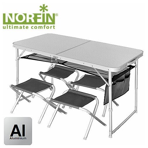 Стол складной Norfin RUNN NF алюминиевый 120x60 4 стула набор
