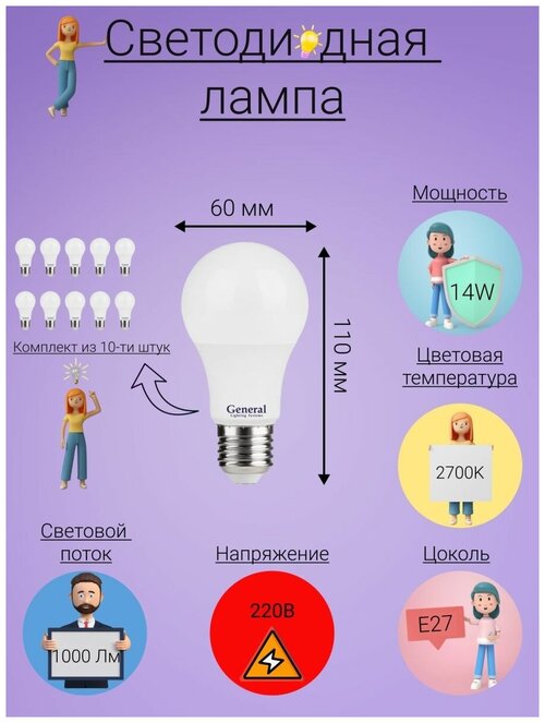 General, Лампа светодиодная, Комплект из 10 шт, 14 Вт, Цоколь E27, 2700К, Форма лампы Груша