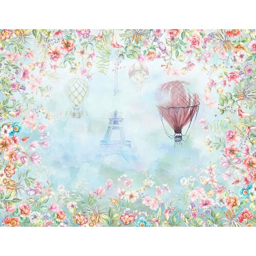 Моющиеся виниловые фотообои GrandPiK Эйфелева башня и цветочный фон Акварель, 350х270 см
