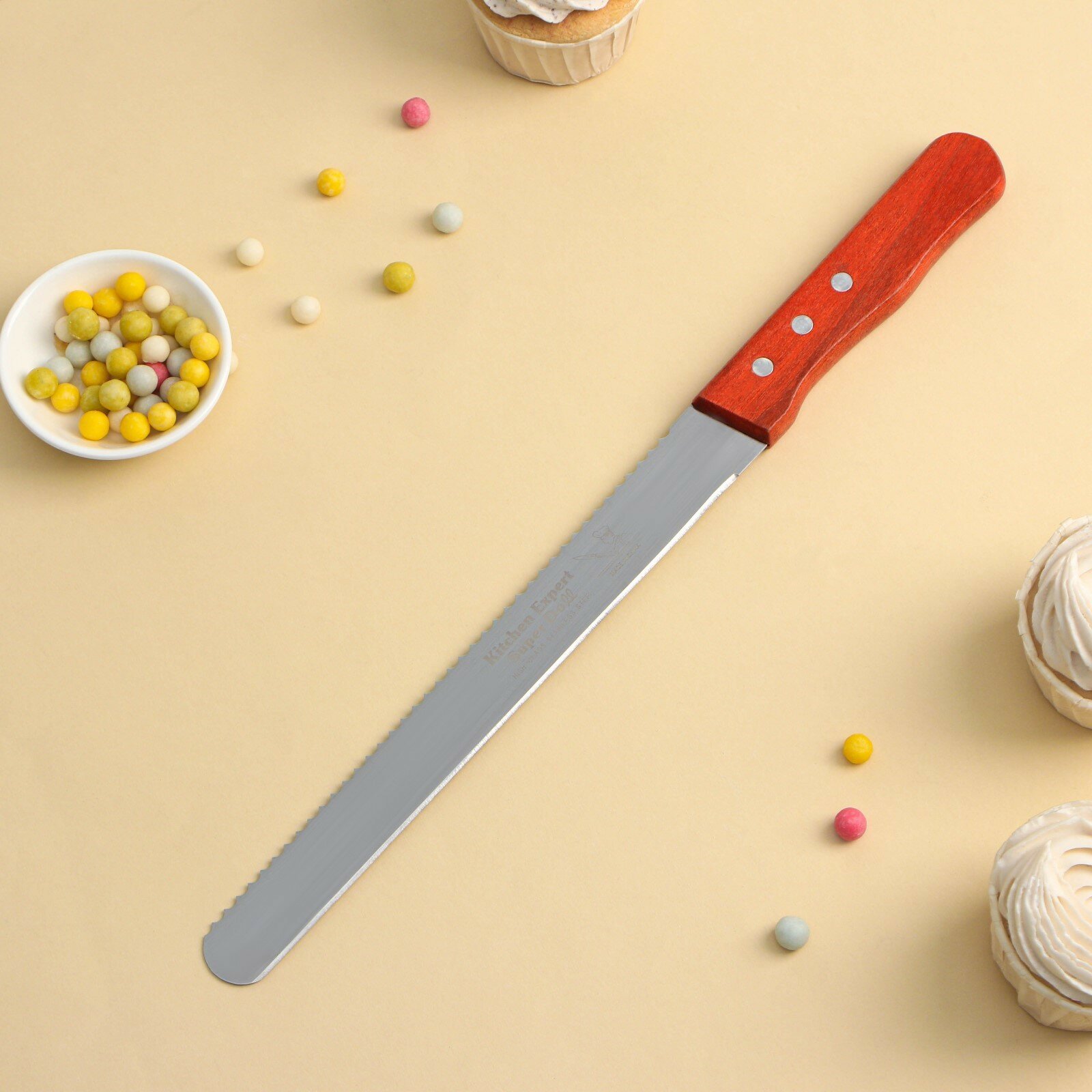 Нож для бисквита двусторонний KONFINETTA, с крупными зубцами и ровным краем, лезвие 25 см, толщина лезвия 0,9 мм