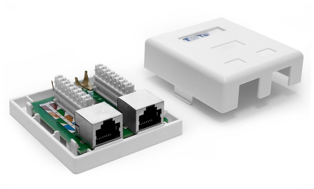 Розетка настенная, 2 порта RJ-45, категория 6, экранированная, белая, TWT-SM2-4545/S6-WH