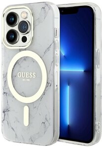 Фото Чехол Guess Marble Hard для iPhone 13 Pro Max, белый/золотой (MagSafe)