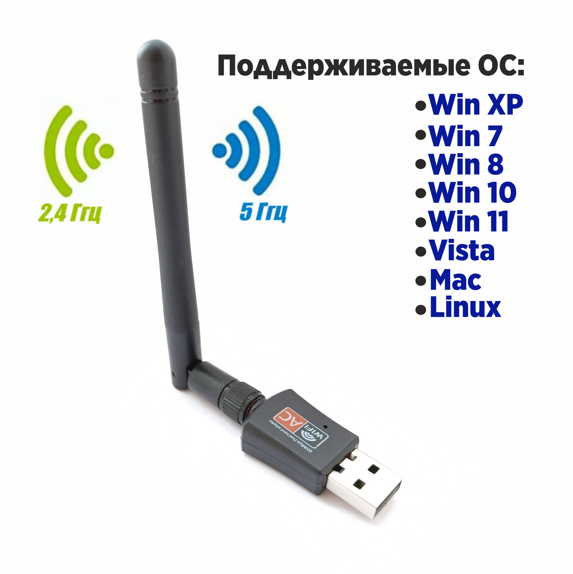 Wi-Fi адаптер USB 2.0 600 Mbps 2,4+5ГГц двухдиапазонный чип 8811CU