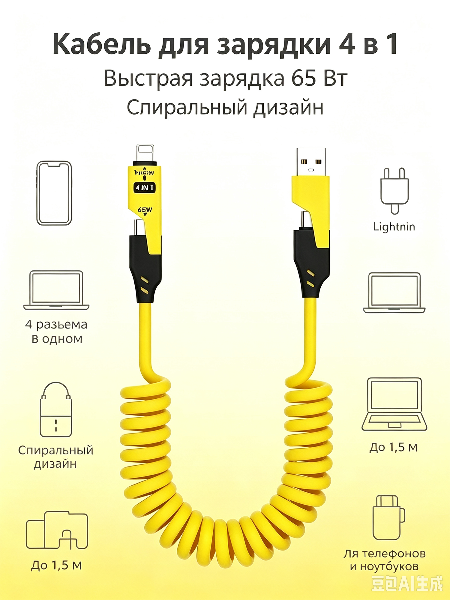 4in1 Кабель для быстрой зарядки TYPEC 65W с двойным наконечником, пружинный, автомобильный PD27W выдвижной кабель
