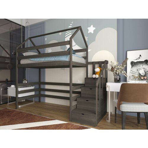 Кровать детская, подростковая "Чердак с лестницей-комодом", спальное место 160х80, масло "Графит", из массива