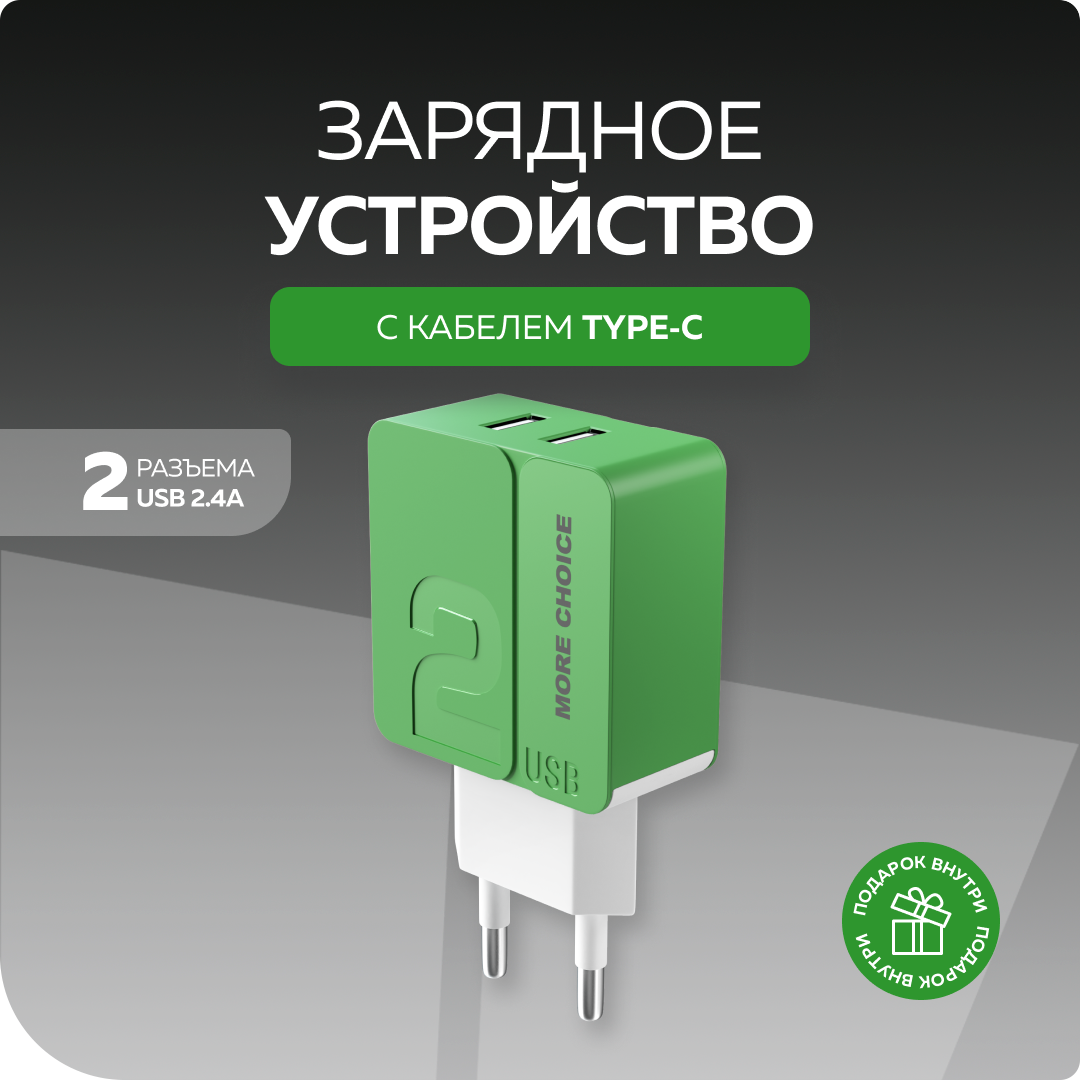 Сетевое зарядное устройство 2USB 2.4A в комплекте с дата-кабелем Type-C More choice NC46a 1м Green