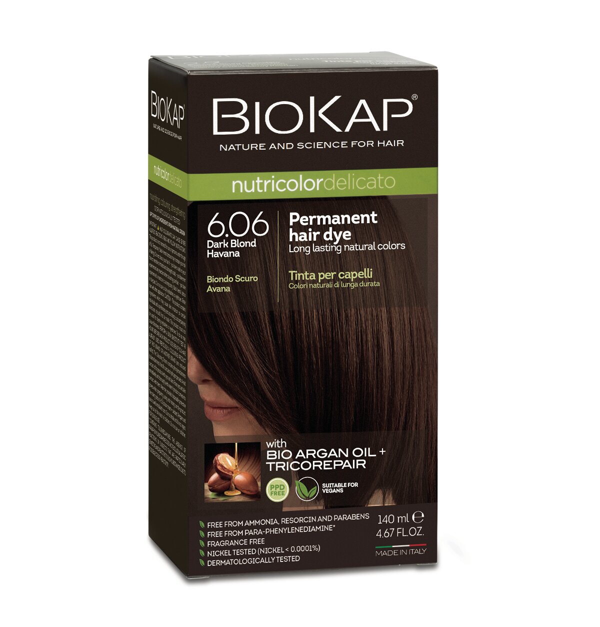 Краска для волос BioKap Delicato гавана (коричневый с оттенком серого) тон 6.06, 140мл