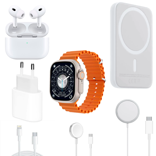 Умные часы Ultra набор 6 в 1 часы X8 Ultra, аккумулятор MagSafe, Адаптер 20W, AirPods, зарядка MagSafe, кабель Type-C Lightning energizer watch electronic battery ecr2032