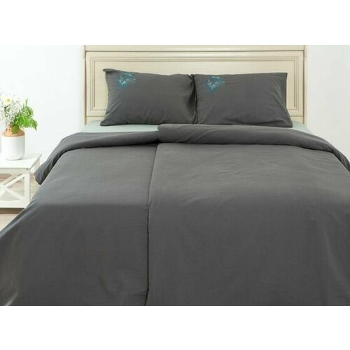 Комплект постельного белья Семейный Цветочная акварель графит с мятой (полулен)