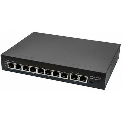 PoE коммутатор Fast Ethernet на 10 RJ45 портов. Порты: 8 x FE (10/100 Base-T) с поддержкой PoE (IEEE 802.3af/at), 2 x GE (10/100/1000 Base-T). Соответ 10port poe ethernet switch 52v vlan 10 100mbps ieee 802 3 af at standard network switch for cctv ip camera wireless ap 250m