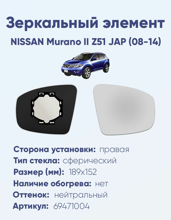 Зеркальный элемент правый NISSAN Murano II Z51 JAP (08-14) сфера нейтральный без обогрева