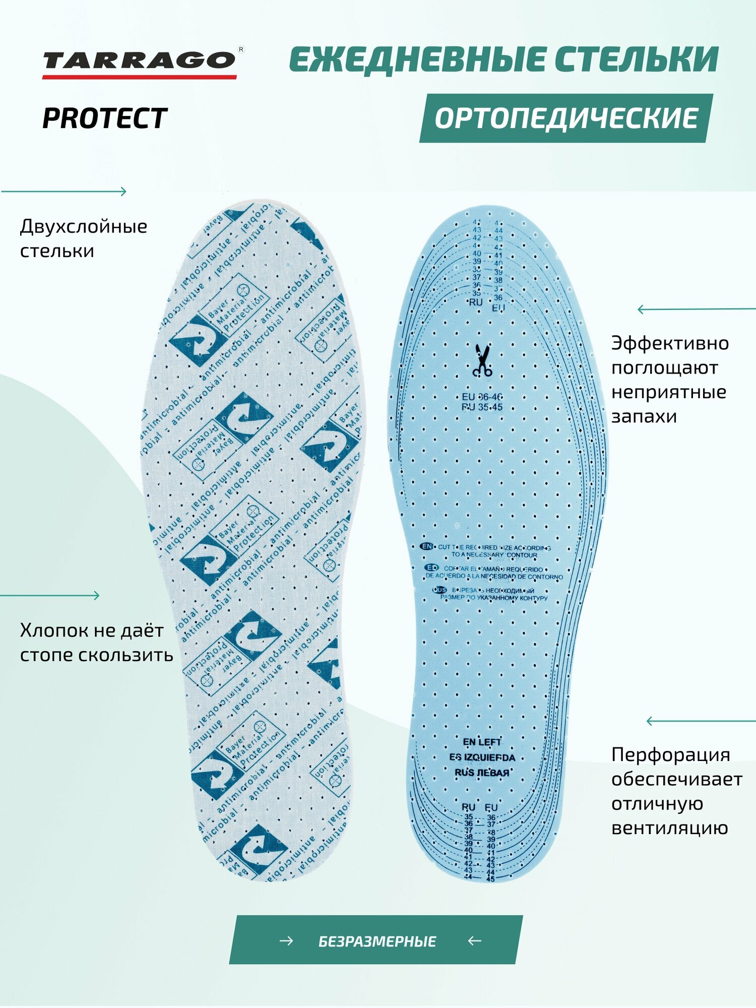ID1231 Стельки латексные антибактерицидные Tarrago Protect  универсальный размер