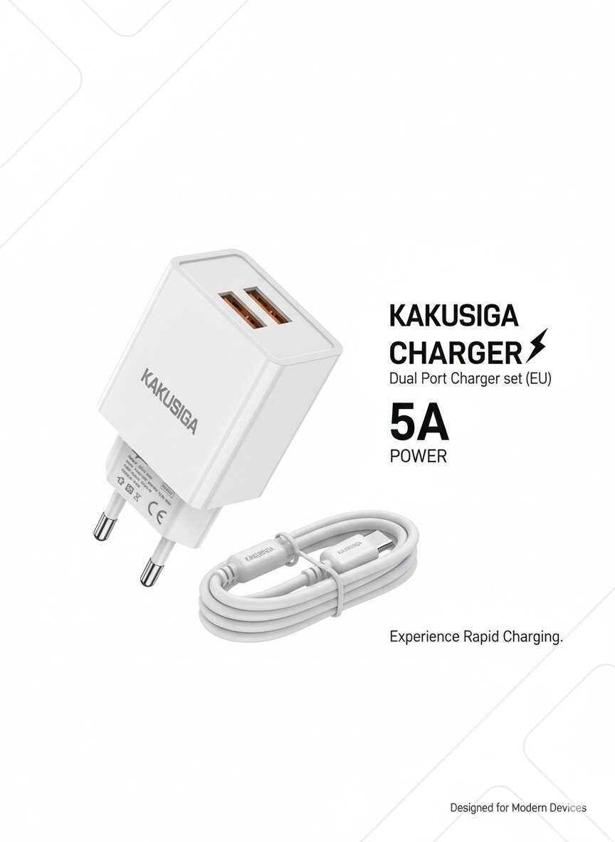 Комплект зарядного устройства Kakusiga 5A с двумя портами USB (с кабелем Type-C, 2 порта, вилка европейского стандарта) — фото 1