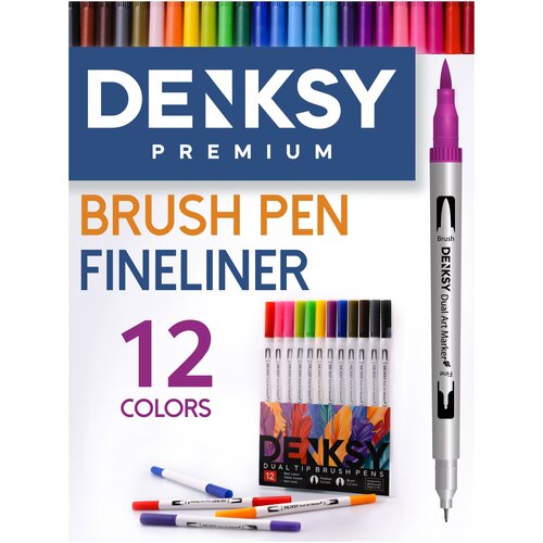 Маркеры DENKSY для скетчинга, 12 цветов, двусторонние (кисть 1-2 мм, линер 0,4 мм), корпус белый
