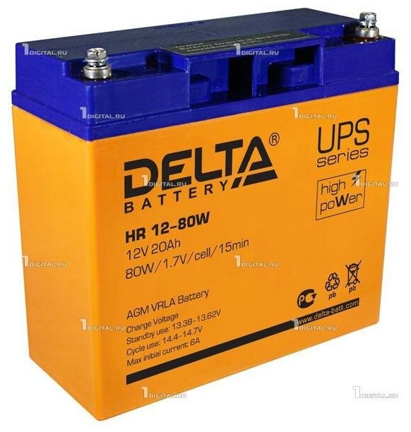 Аккумулятор DELTA HR 12-80W (12В, 20Ач, 83Вт/Эл / 12V, 20Ah, 83W / вывод под болт М5) (UPS серия)