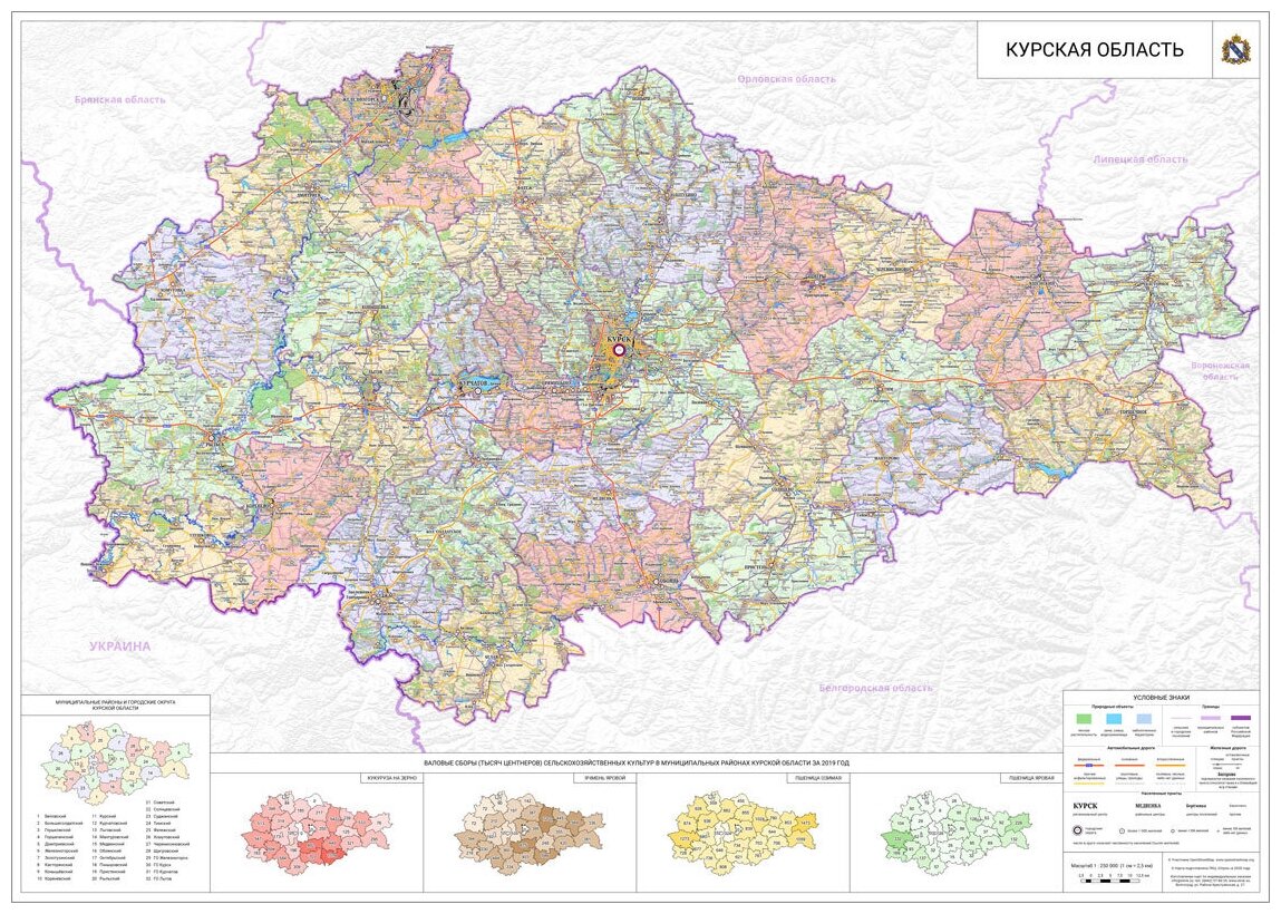 Настенная карта Курской области, сельскохозяйственная, 95x135 см (на баннере)