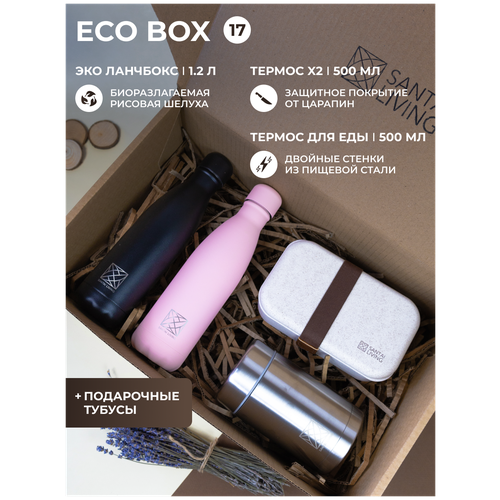Эко Бокс №17: Термобутылка Everyday черная + Термобутылка Everyday розовая + Ланчбокс + Термос-контейнер серебристый
