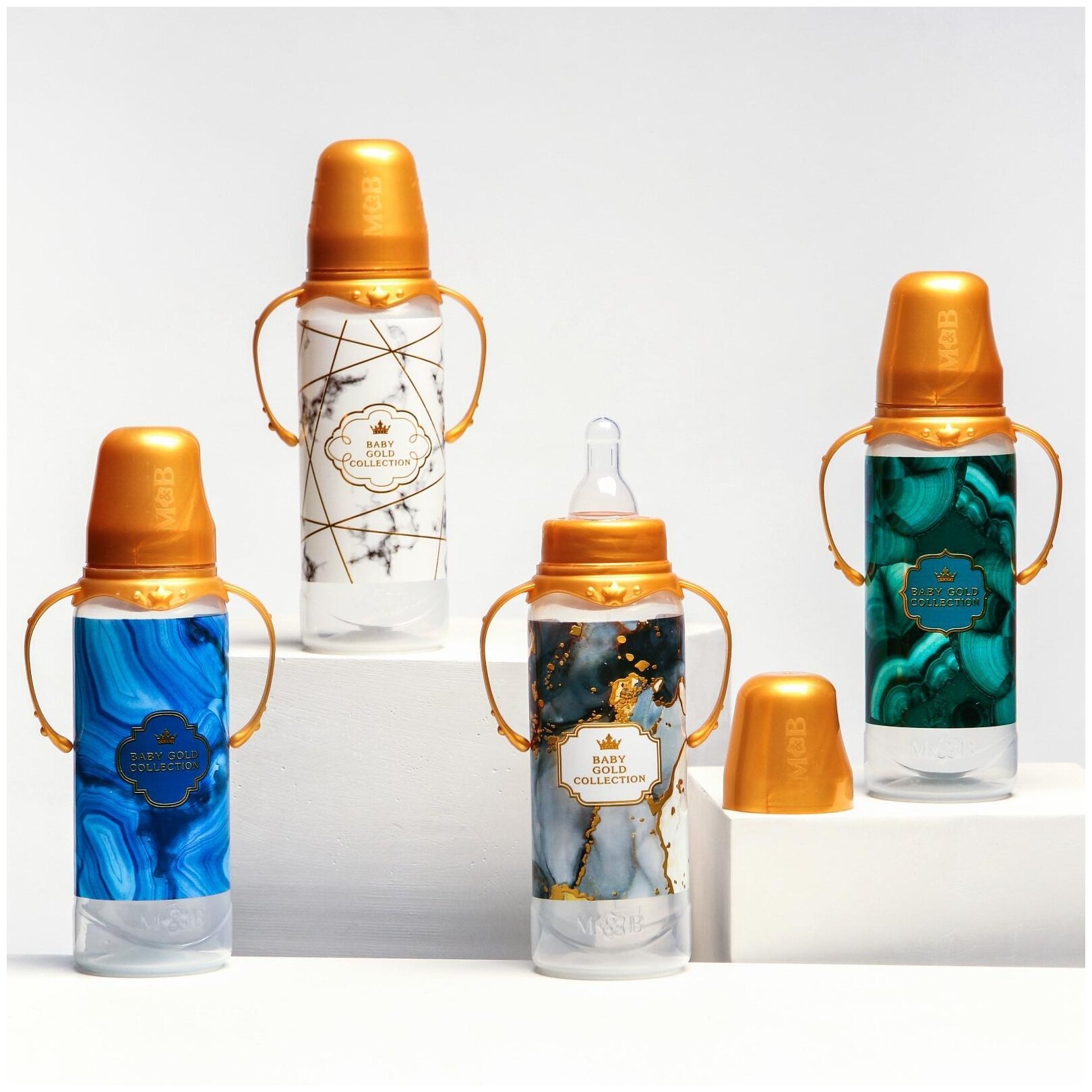 Бутылочка для кормления «Золотая коллекция: белый мрамор» 250 мл цилиндр, с ручками - фотография № 12
