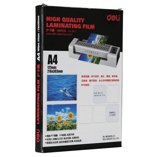 Пленка для ламинирования Deli 125мкм A4 100шт глянцевая 216x303мм с клеящим слоем E3817 3672₽