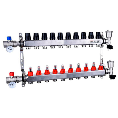TIM Коллекторная группа TIM - 1 на 10 контуров 3/4 (нерж. сталь с расходомерами, полный комплект) коллекторная группа stout 1 х 4 отводов с расходомерами нержавеющая сталь