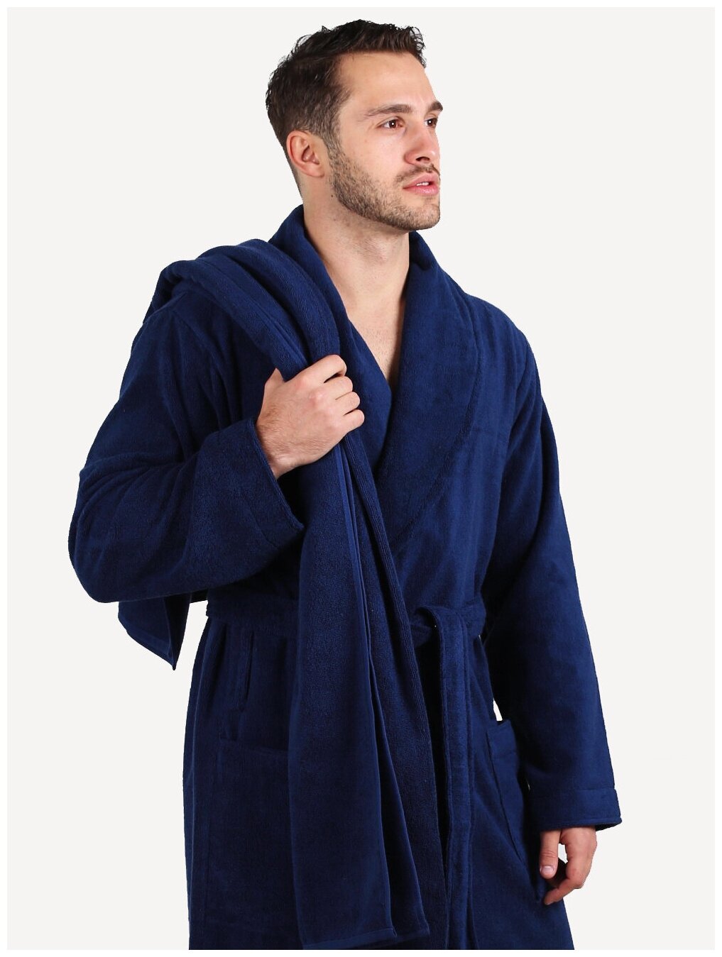 Мужской махровый халат с шалькой, темно-синий - фотография № 5