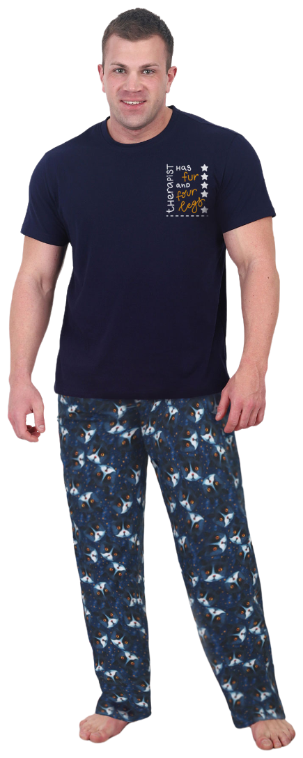 Мужская пижама Звездный кот Синий размер 54 Кулирка Оптима трикотаж - фотография № 1