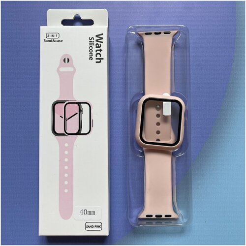 Ремешок для Apple Watch 1-7 40 мм силиконовый Розовый / Защитное стекло на Apple Watch 1-7