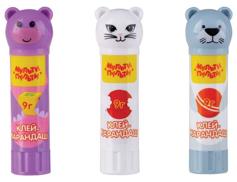 фото Мульти-Пульти клей-карандаш Зверята: Морской котик, Бегемот, Кошка