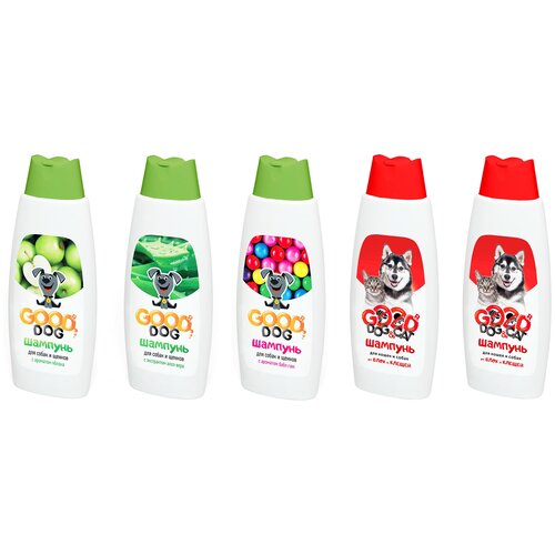 GOOD DOG & CAT Микс из 5 шампуней: 3 шампуня для собак и щенков: алоэ вера, бабл гам, яблоко, 2 антипаразитарных для кошек и собак