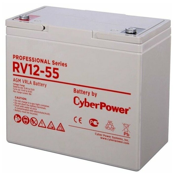 Батарея CyberPower Battery Professional series RV 12-55, voltage 12V, capacity (discharge 20 h) 60Ah, capacity (discharge 10 h) 55.6Ah, max. discharge current (5 sec) 660A, max. charge current 17A, lead-acid type AGM, terminals under bolt M6, LxWxH 230x138x205mm., full heig