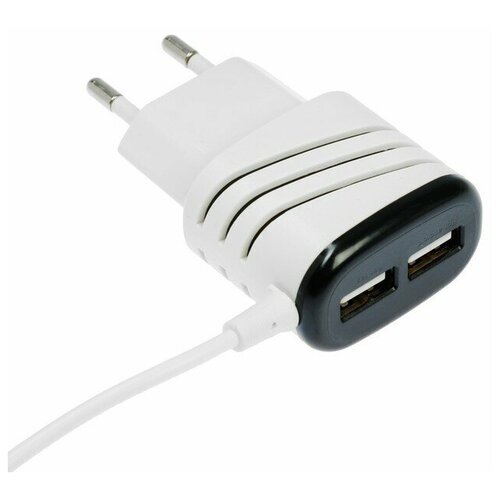 Сетевое зарядное устройство LuazON LCC-24, 2 USB, microUSB, 1 A, 1 м, черно-белое кабель luazon usb microusb 1 м темно серый