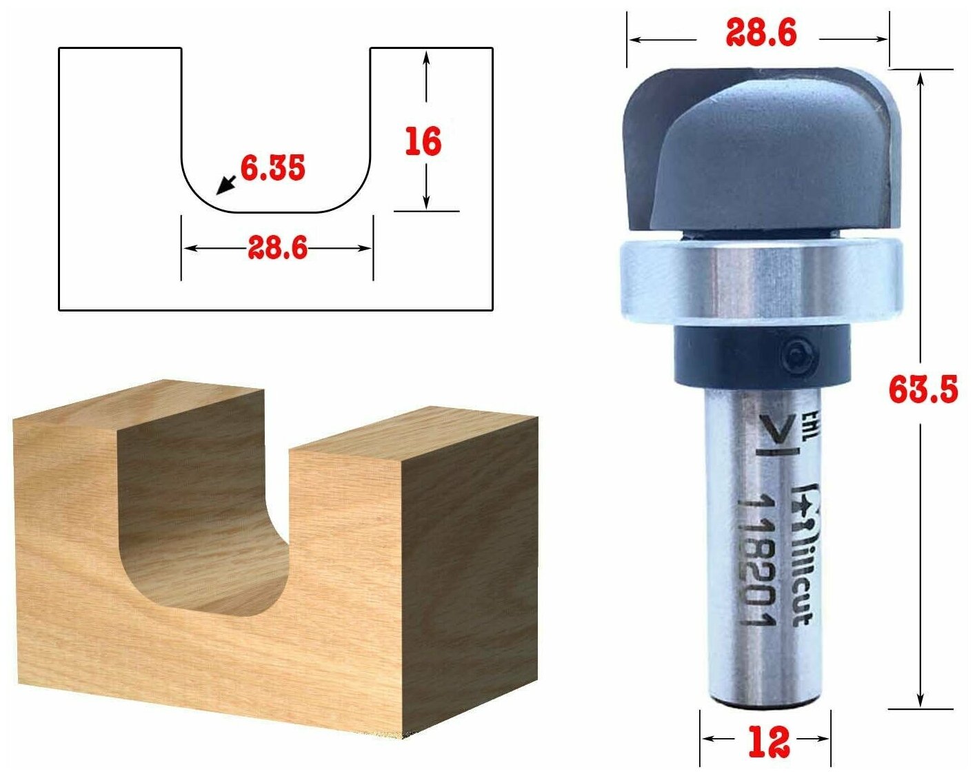 Фреза для чаш D=28.6x16x63,5 R=6.35 S=12 Millcut 118201