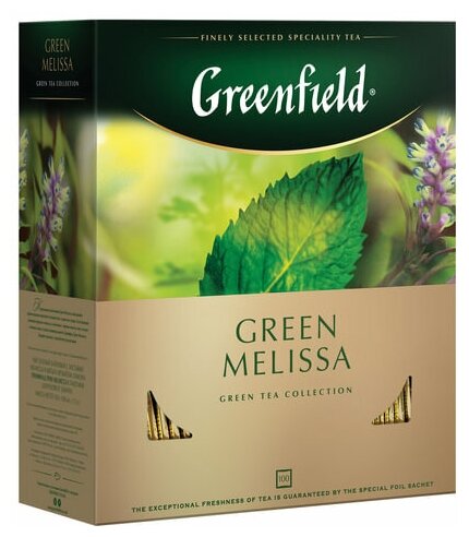 Чай GREENFIELD (Гринфилд) "Green Melissa", зеленый, с мятой, 100 пакетиков в конвертах по 1,5 г, 0879