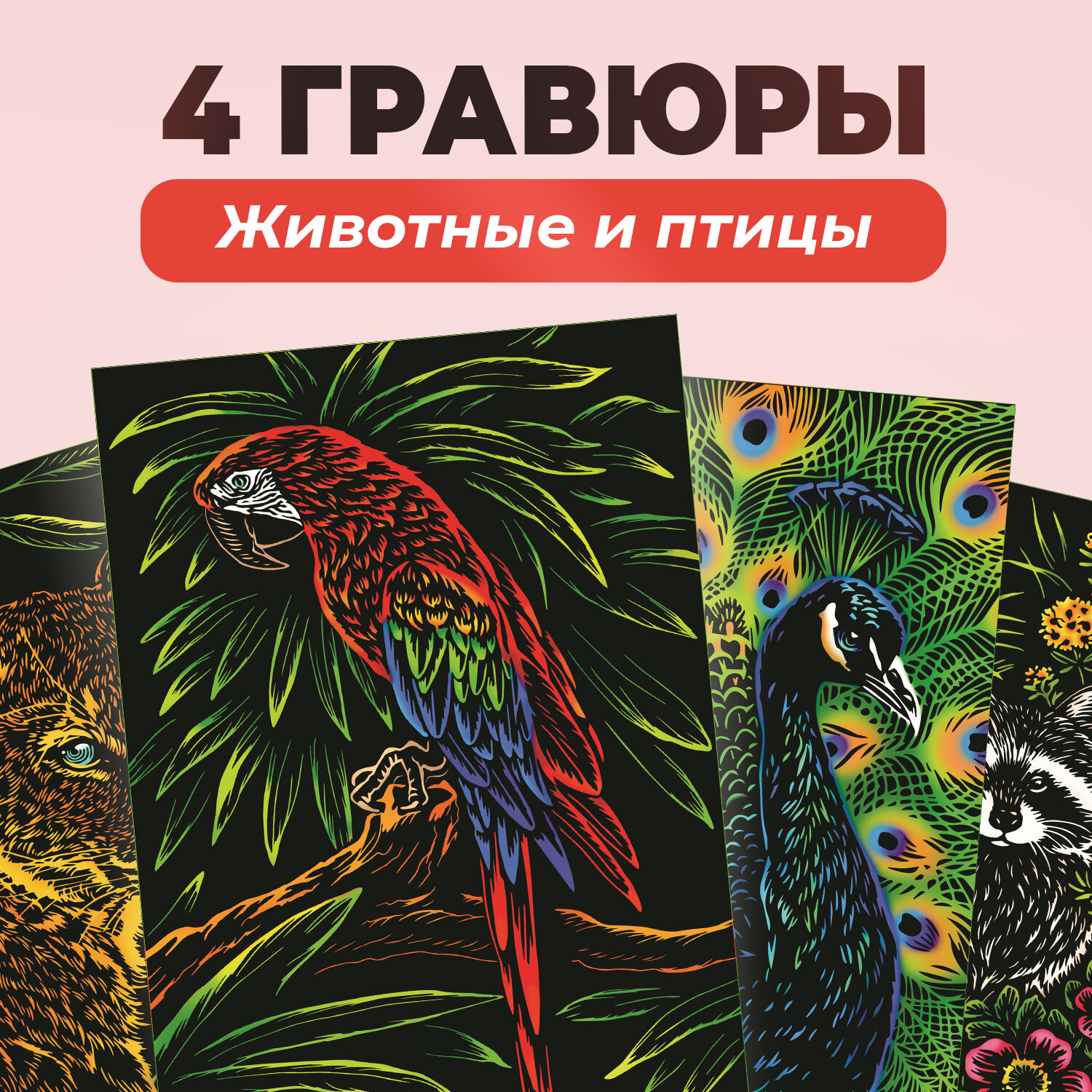 Набор для творчества цветная гравюра скретч картина LORI Животные и птицы, 18х24 см, 4 шт в комплекте, Им-381