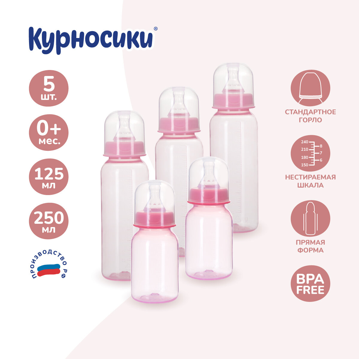 Набор из пяти бутылочек Курносики с силиконовой соской молочной 250 мл и 125 мл, розовый