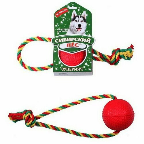 Игрушка для собак, Супермяч, Сибирский пес, D - 85 мм на веревке х/б Кольцо, 1 шт.