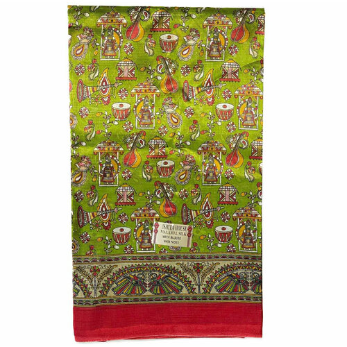 Сари ISHITA HOUSE, Malamal Silk, с печатным принтом музыка урожая, цвет зеленый С красной каймой (Size: Onesize, с отрезом для блузы), 1 шт.