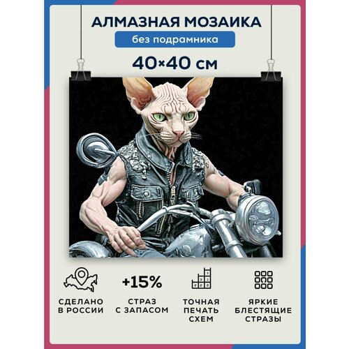 Алмазная мозаика 40x40 Кот байкер без подрамника