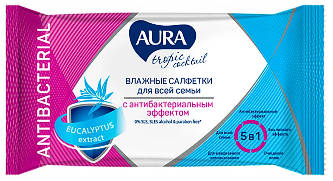 Aura Влажные салфетки Tropic Cocktail c антибактериальным эффектом, 15 шт.