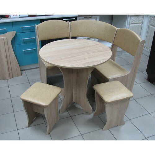 Кухонный уголок Весна-Мини с круглым столом, ДСП-Дуб Сонома, обивка кож зам бежевый.