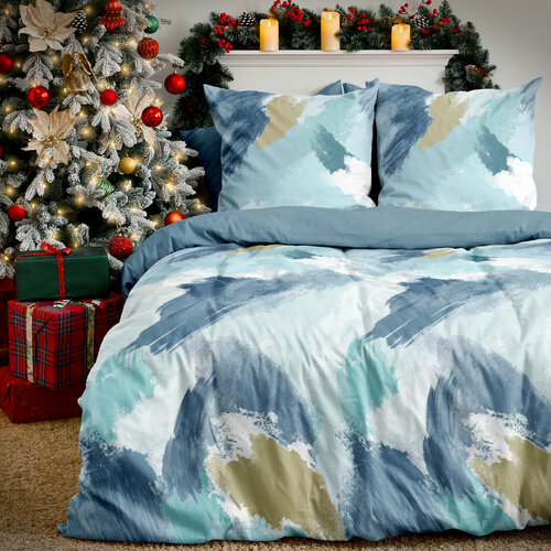 Постельное белье 2 спальное Унисон, Поплин, нав. 70х70, на резинке, Mont blanc синий, бежевый, голубой, белый, размер 2, спальный