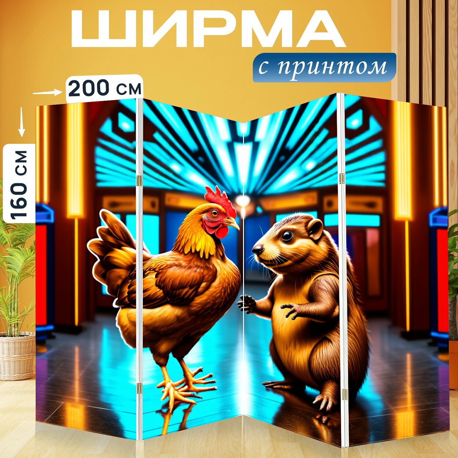 Ширма "Изобразите курицу, учящую бобра танцевать, в ярком танцевальном зале с отражающим полом и яркими огнями." перегородка для зонирования комнаты с принтом 200x160 см. на холсте