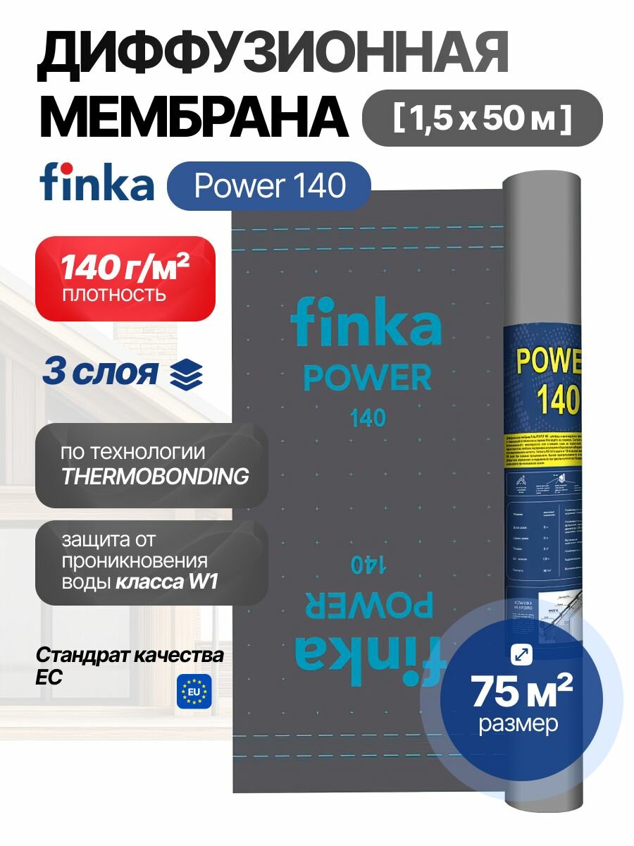 Мембрана Finka Power, 140 г/кв. м 1,5*50м 75м2, диффузионная, ветро влагозащитная, для кровли и стен, черная