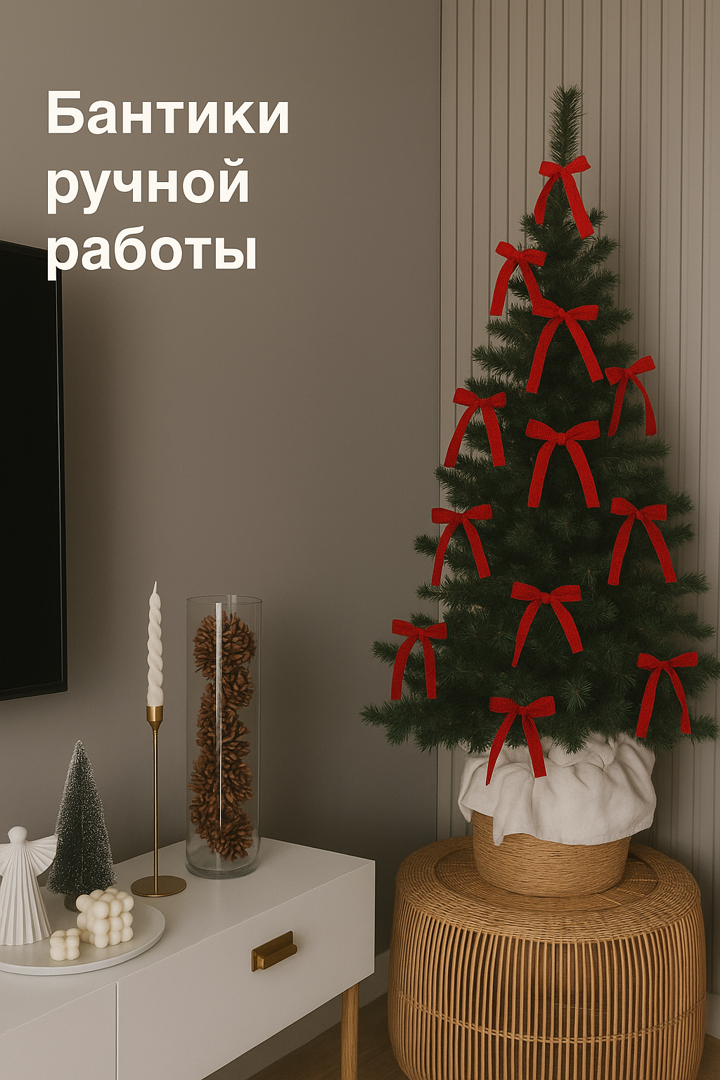 Бантики на елку  Зима 2   ручная работа  текстиль  красные  15х15х2 5 см  набор 20 штук