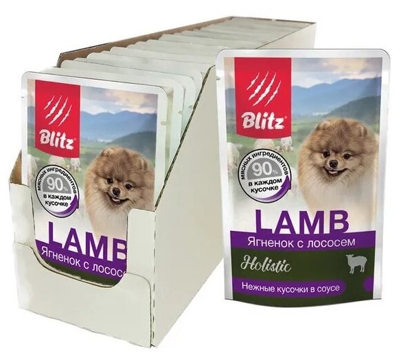 BLITZ HOLISTIC LAMB для взрослых собак маленьких пород с ягненком и лососем в соусе (85 гр х 24 шт)