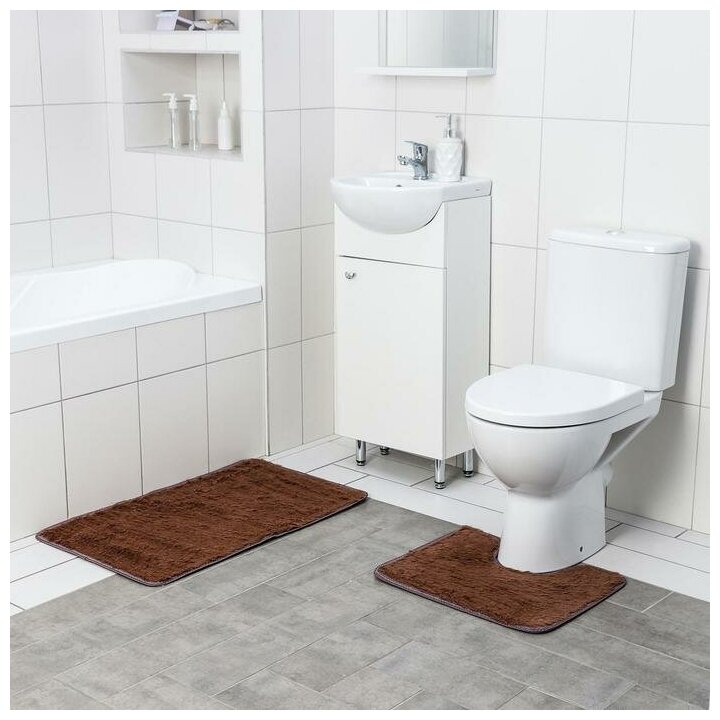 Набор ковриков для ванной и туалета Доляна "Пушистик", 2 шт: 38х49, 49х79 см, цвет коричневый