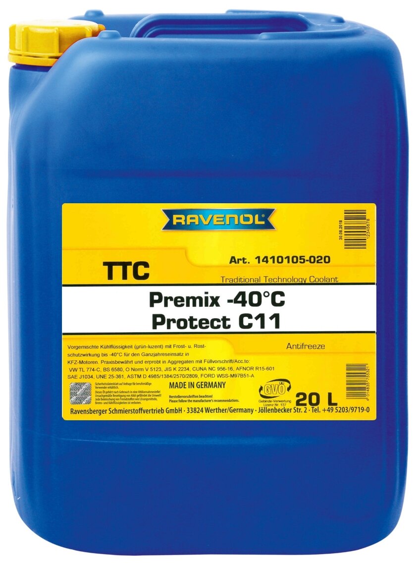 RAVENOL 1410105B20 Антифриз TTC Protect C11 Premix -40C 20л (готовый)