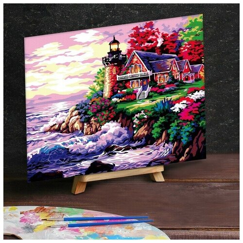 Картина по номерам на холсте 40x50 см Домик с маяком у моря картина по номерам природа пейзаж с маяком и дорожкой у моря