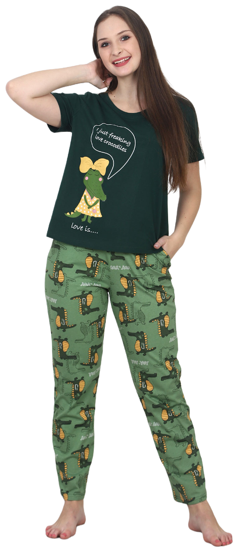 Женская пижама Крокодильчики Хаки размер 56 Кулирка Оптима трикотаж футболка с коротким рукавом брюки с краманами - фотография № 1