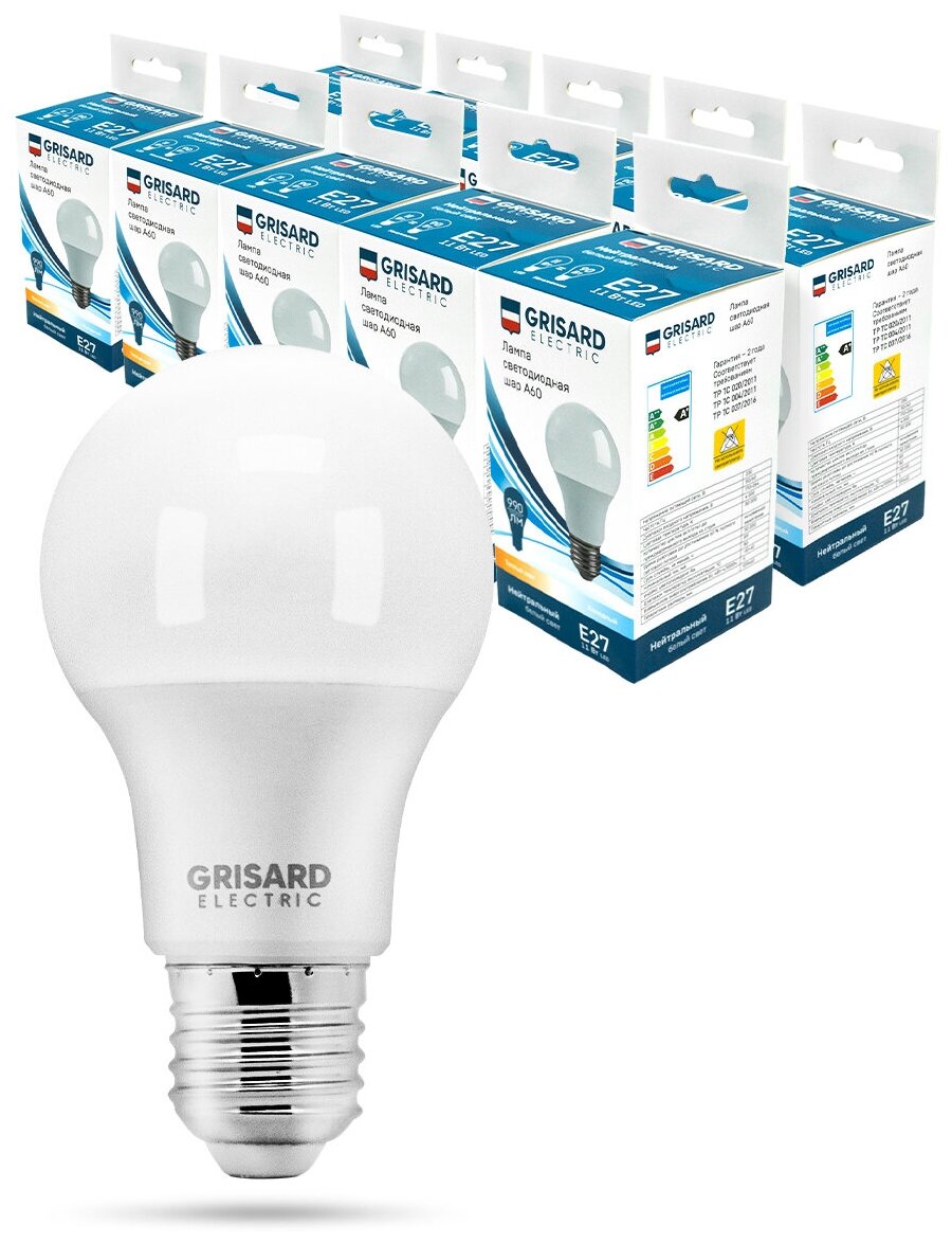 Лампа светодиодная GRISARD ELECTRIC шар A60 Е27 11Вт 4000К 220В